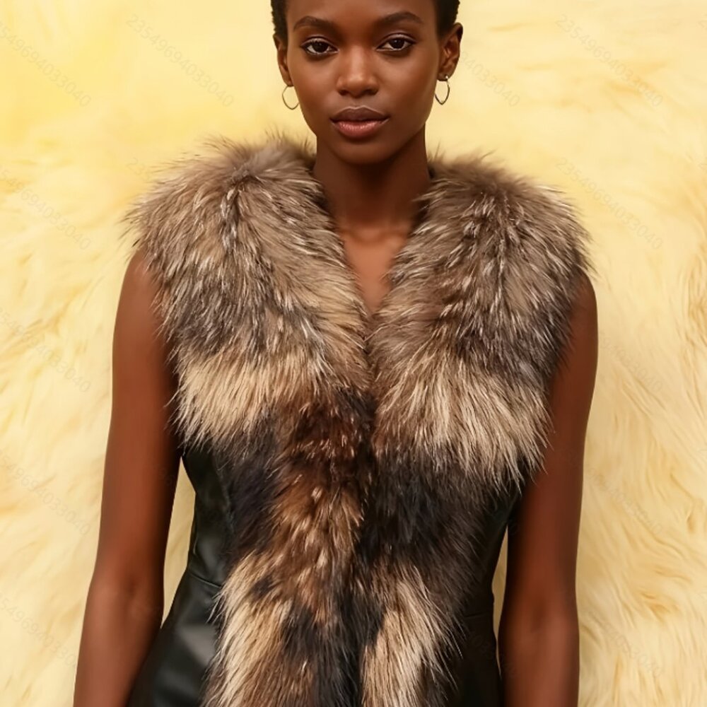 Black Faux Leather Gilet Vest w/ Faux Raccoon-Style Fur Collar  Sleeveless V-New